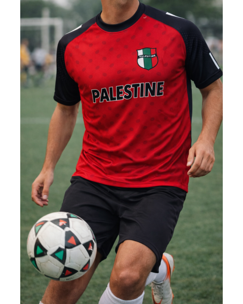 2024 Palestine Football Shirt - Red with Keffiyeh Pattern