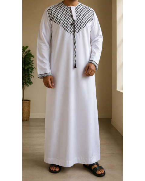 Palestine inspired white Thobe/Jubba with Kuffiya pattern 