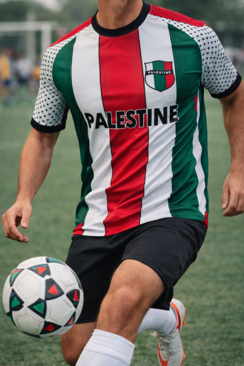 2024 Palestine Football Shirt - Stripe Flag with Keffiyeh Pattern