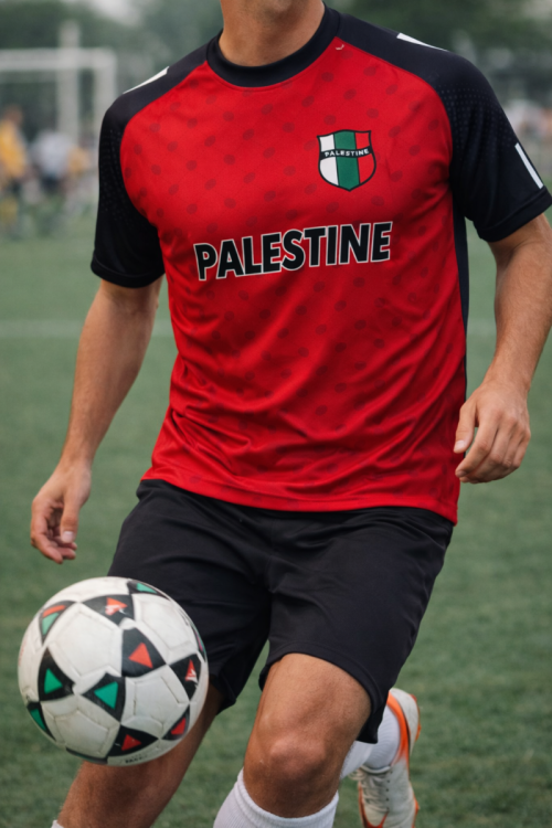 2024 Palestine Football Shirt - Red with Keffiyeh Pattern