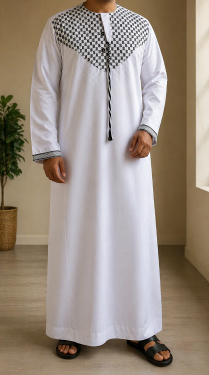 Palestine inspired white Thobe/Jubba with Kuffiya pattern 