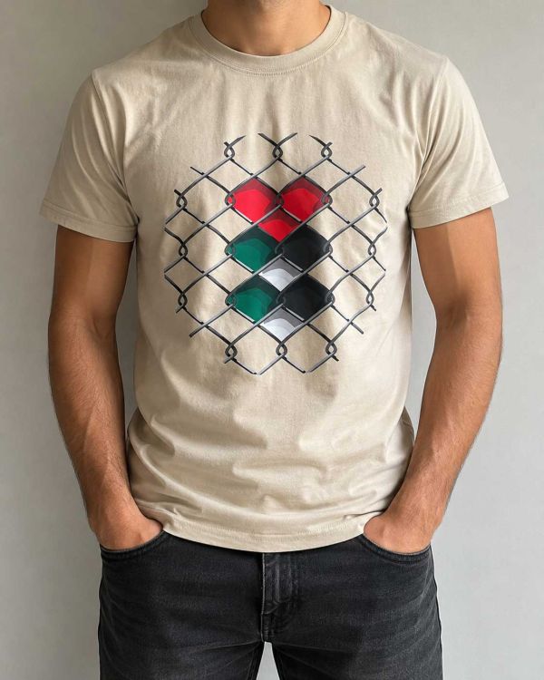 Fenced Palestine Flag - Adult T-Shirt - Sand/Cream-Small