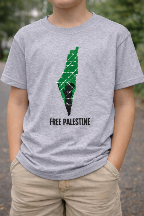 Hand on Map Free Palestine Children T-Shirt-Grey-Small Children