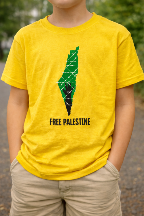 Hand on Map Free Palestine Children T-Shirt-Yellow-Small Children