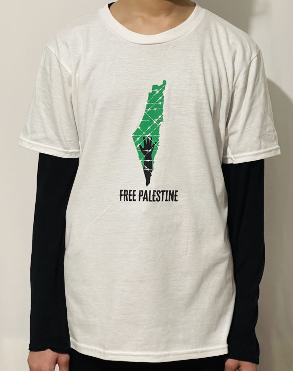Hand on Map Free Palestine Children T-Shirt-White-Small Children